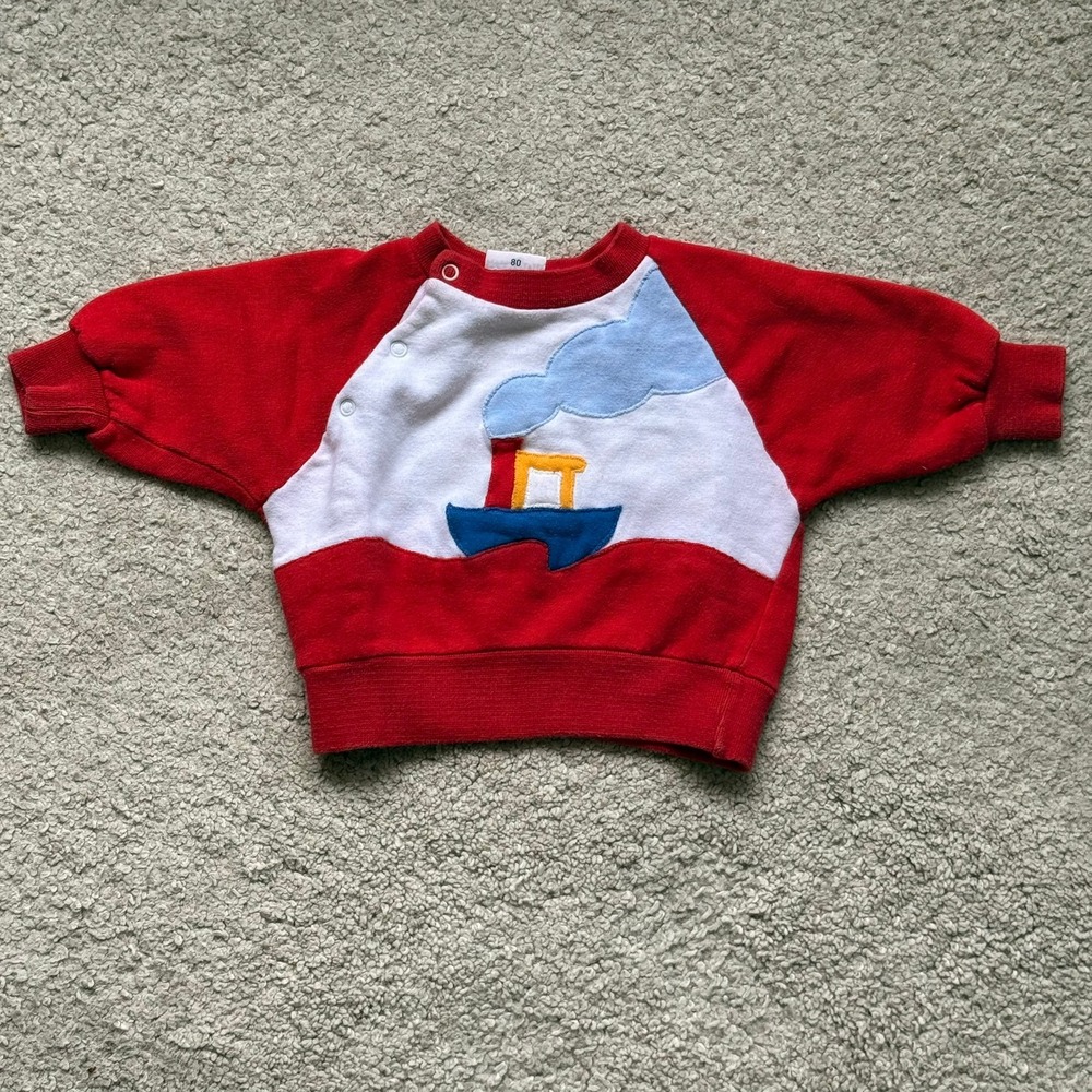 Vintage Nanouk Red Boat Graphic Baby Sweatshirt Made in Belgium Size 80 12-18M